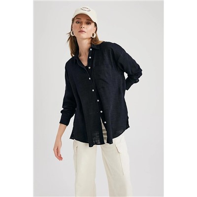 Defacto Oversize Fit Gömlek Yaka Keten Görünümlü Uzun Kollu Gömlek X2232AZ22SM