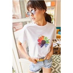 Olalook, Kadın Beyaz Çiçek Baskılı T-shirt TSH-19000320
