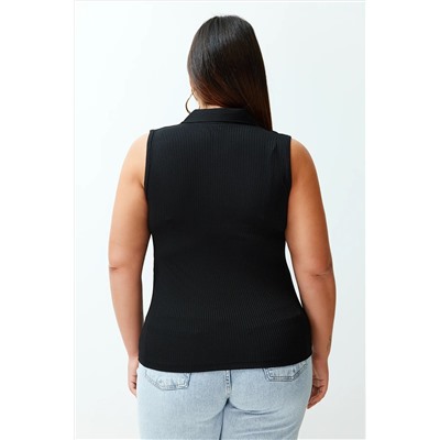 Siyah Fitted/Vücuda Oturan Polo Yaka Esnek Örme Büyük Beden Bluz TBBSS24AF00065