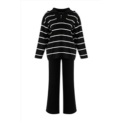 Siyah Çizgili Fermuarlı Oversize/Geniş Kalıp Triko Alt-Üst Takım TBBAW26CP00003