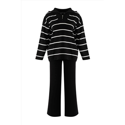 Siyah Çizgili Fermuarlı Oversize/Geniş Kalıp Triko Alt-Üst Takım TBBAW26CP00003