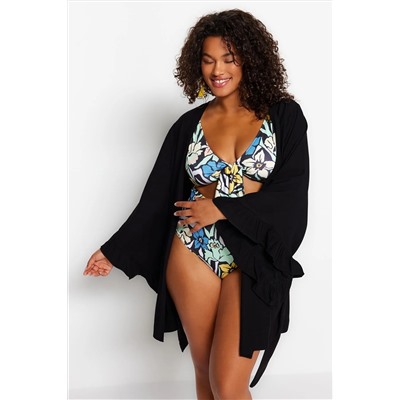 Siyah Kolu Fırfırlı Volanlı Viskon Plaj Giyim Dokuma Büyük Beden Kimono&Kaftan TBBSS23DE00001