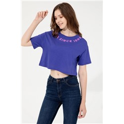 Kadın Mavi Bisiklet Yaka Crop Tişört