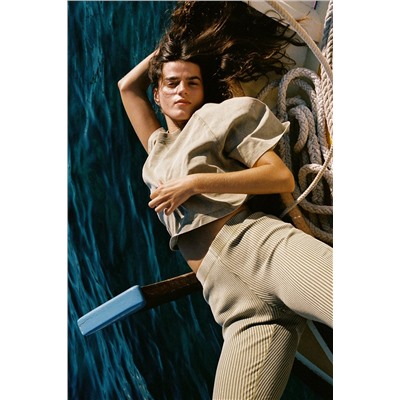 WASHED EFFECT RIBBED BELL BOTTOM TROUSERS