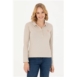 Kadın Bej Polo Yaka Basic Sweatshirt
