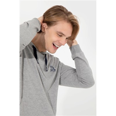 Erkek Gri Melanj Kapüşonlu Basic Sweatshirt