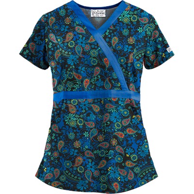 UA Perfect Paisley Black Mock Wrap Scrub Top