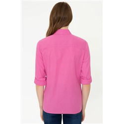 Kadın Pembe Keten Görünümlü Uzun Kollu Basic Gömlek