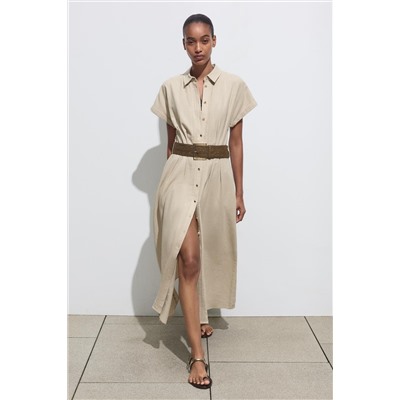 LINEN BLEND MIDI DRESS WITH BELT