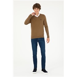 Erkek Slim Fit V Yaka Haki Melanj Basic Kazak