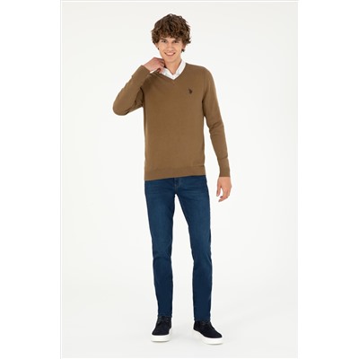 Erkek Slim Fit V Yaka Haki Melanj Basic Kazak