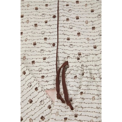 Kahverengi Baykuş Desenli Biyeli Gömlek Yaka Dokulu Örme Pijama Takımı TBBAW26AI00039