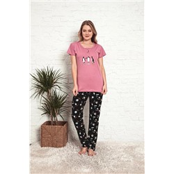 Meba Kadın %100 Pamuk Kumaş Kısa Kollu Penguen Desenli Mürdüm Pijama Takımı 3113