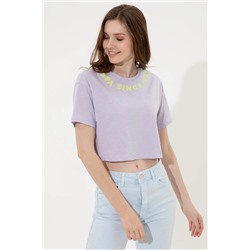 Kadın Lila Bisiklet Yaka Crop Tişört