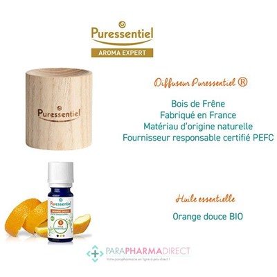 Puressentiel Coffret Aroma Expert - Diffuseur en Bois + Huile Essentielle d'Orange Douce BIO 10 ml