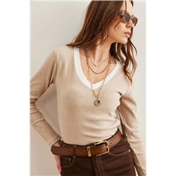 Olalook Kadın Taş Beyaz Yaka Detaylı Şardonlu Likralı Bluz BLZ-19002746