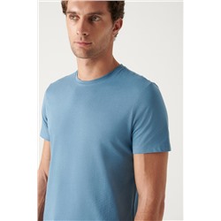 İndigo %100 Pamuk Nefes Alan Bisiklet Yaka T-Shirt