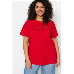Kırmızı Boyfriend Fit Slogan Baskılı Bisiklet Yaka %100 Pamuk Büyük Beden T-Shirt TBBSS23BF00022