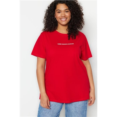 Kırmızı Boyfriend Fit Slogan Baskılı Bisiklet Yaka %100 Pamuk Büyük Beden T-Shirt TBBSS23BF00022