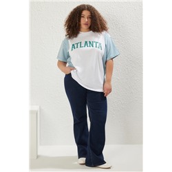 Yeşil Oversize Slogan Baskılı Kolda Çizgili Poplin Detaylı %100 Pamuk Örme T-shirt TBBSS24BF00017