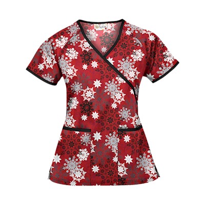 UA Festive Snowflakes Red Mock Wrap Scrub Top