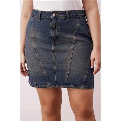 More Sustainable Koyu Mavi Yüksek Bel Dikiş Detaylı Mini Denim Büyük Beden Etek TBBAW26AZ00037