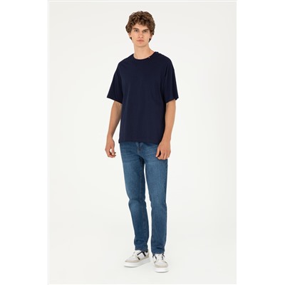 Erkek Oversize Fit Bisiklet Yaka Lacivert Tişört