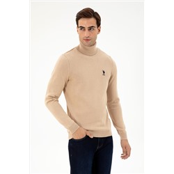 Erkek Slim Fit Boğazlı Yaka Kum Melanj Basic Kazak
