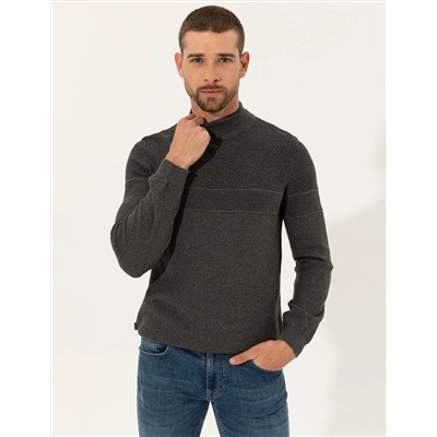 Gri Melanj Slim Fit Yarım Balıkçı Triko Kazak