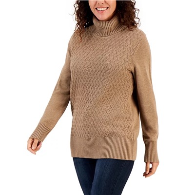 KAREN SCOTT Women's Cable-Knit Turtleneck Cotton Sweater, Created for Macy's