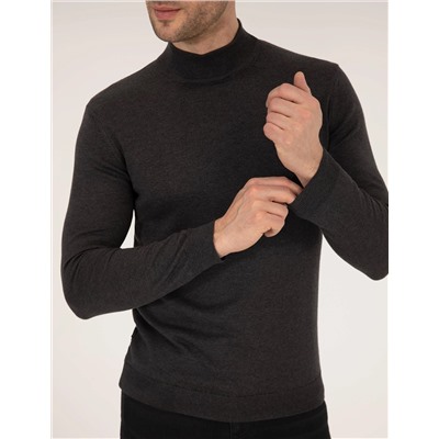 Antrasit Melanj Slim Fit Yarım Balıkçı Basic Triko Kazak