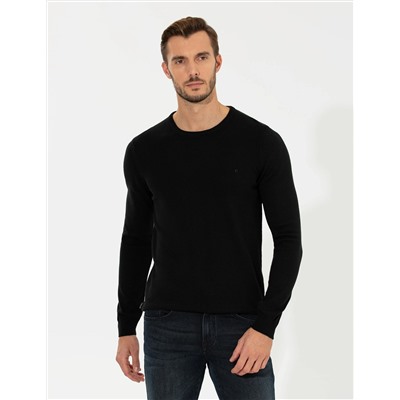 Siyah Slim Fit Bisiklet Yaka Basic Triko Kazak