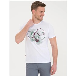 Beyaz Slim Fit Baskılı Bisiklet Yaka Tişört