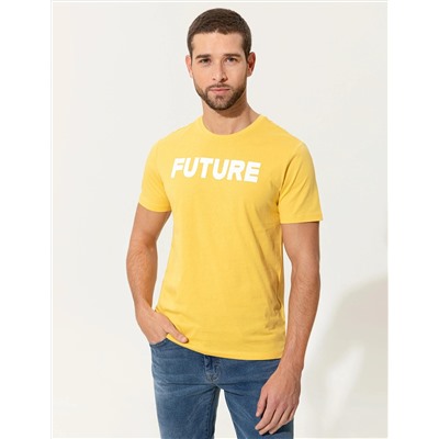 Sarı Slim Fit Baskılı Bisiklet Yaka Tişört