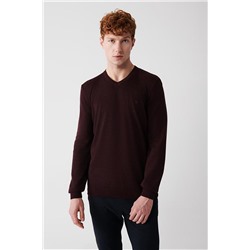 Bordo V Yaka Tüylenme Yapmayan Regular Fit Standart Kesim Triko Kazak