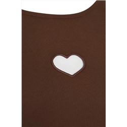Kahverengi Slim Kalpli Cut-Out Detaylı Fitilli %100 Pamuk Örme Büyük Beden T-shirt TBBSS24BF00006