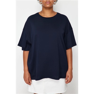 Lacivert %100 Pamuk Sırt Baskılı Rahat Kesim Bisiklet Yaka Örme T-Shirt TBBSS24BF00025