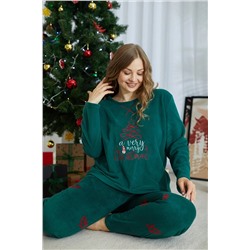 Siyah İnci yeşil Alt-Üst Polar Nakışlı Curve Büyük Beden Battal Pijama Takım 23222501