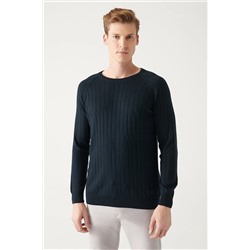Avva Erkek Lacivert Bisiklet Yaka Jakarlı Slim Fit Dar Kesim Triko Kazak A22y5179 A22Y5179
