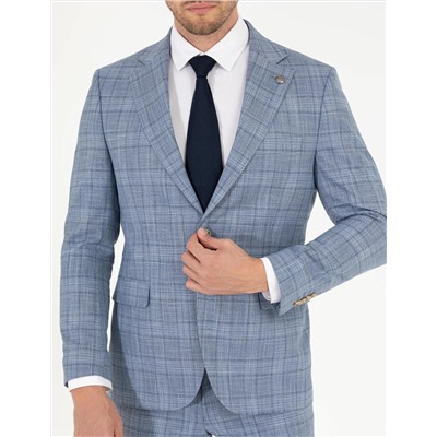 Ekose Açık Mavi Slim Fit Takım Elbise