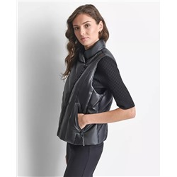Women's Faux-Leather Zip-Front Puffer Vest