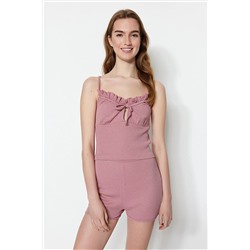 TRENDYOLMİLLA Gül Kurusu Bağlama Detaylı Fitilli Atlet-Şort Örme Pijama Takımı THMSS23PT00178