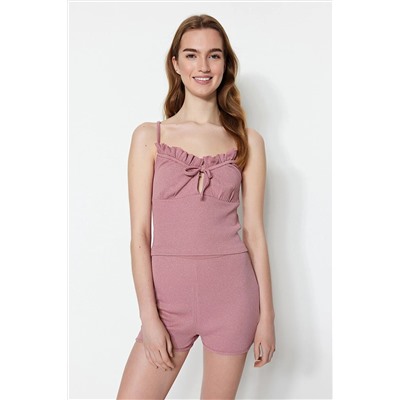 TRENDYOLMİLLA Gül Kurusu Bağlama Detaylı Fitilli Atlet-Şort Örme Pijama Takımı THMSS23PT00178