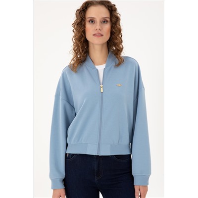 Kadın Açık Mavi Bisiklet Yaka Fermuarlı Sweatshirt