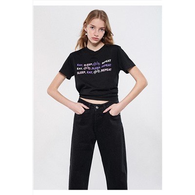 Mavi Eat Sleep Baskılı Siyah Tişört Regular Fit / Normal Kesim 1611257-900