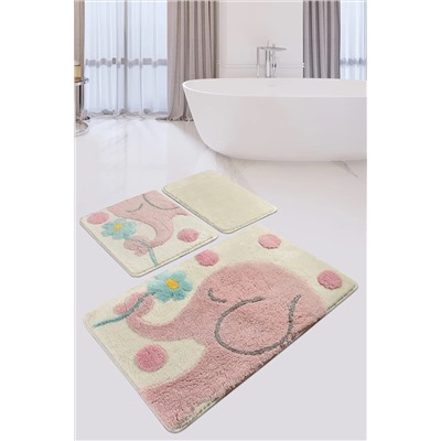 Chilai Home Büyük Fil Pembe 3lü Set Banyo Halısı Yıkanabilir, Kaymaz Taban 8694545032385