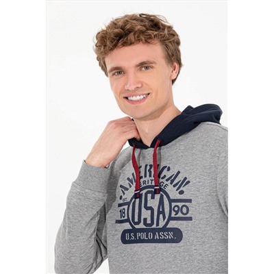 Erkek Gri Melanj Kapüşonlu Sweatshirt