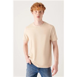 Bej %100 Pamuk Nefes Alan Bisiklet Yaka T-Shirt