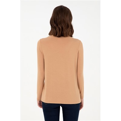Kadın Camel V Yaka Sweatshirt