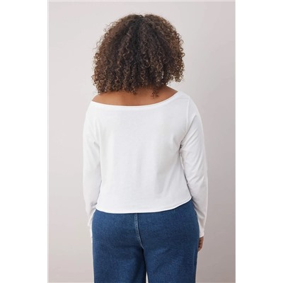 Siyah-Beyaz 2'li Paket %100 Pamuk Asimetrik Kayık Yaka Crop Örme T-Shirt TBBAW26BF00001